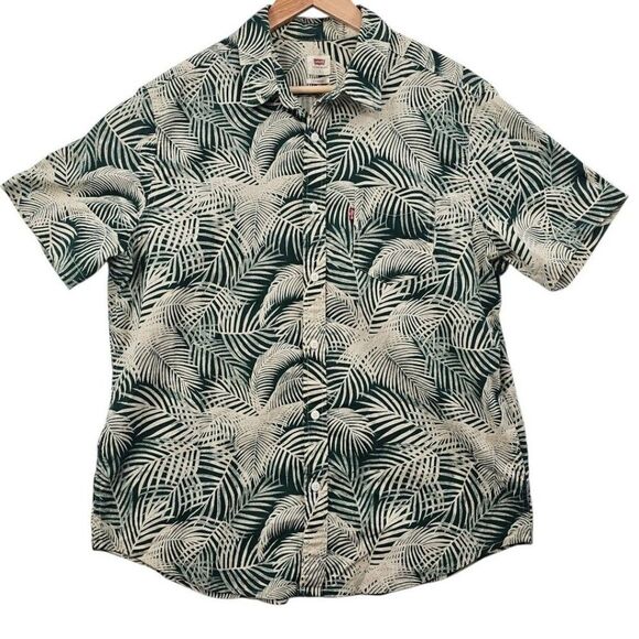 Levi's Mens L Hawaiian Palm Leaves Tropical Button Up Short Sleeve Cotton Shirt - Picture 1 of 10